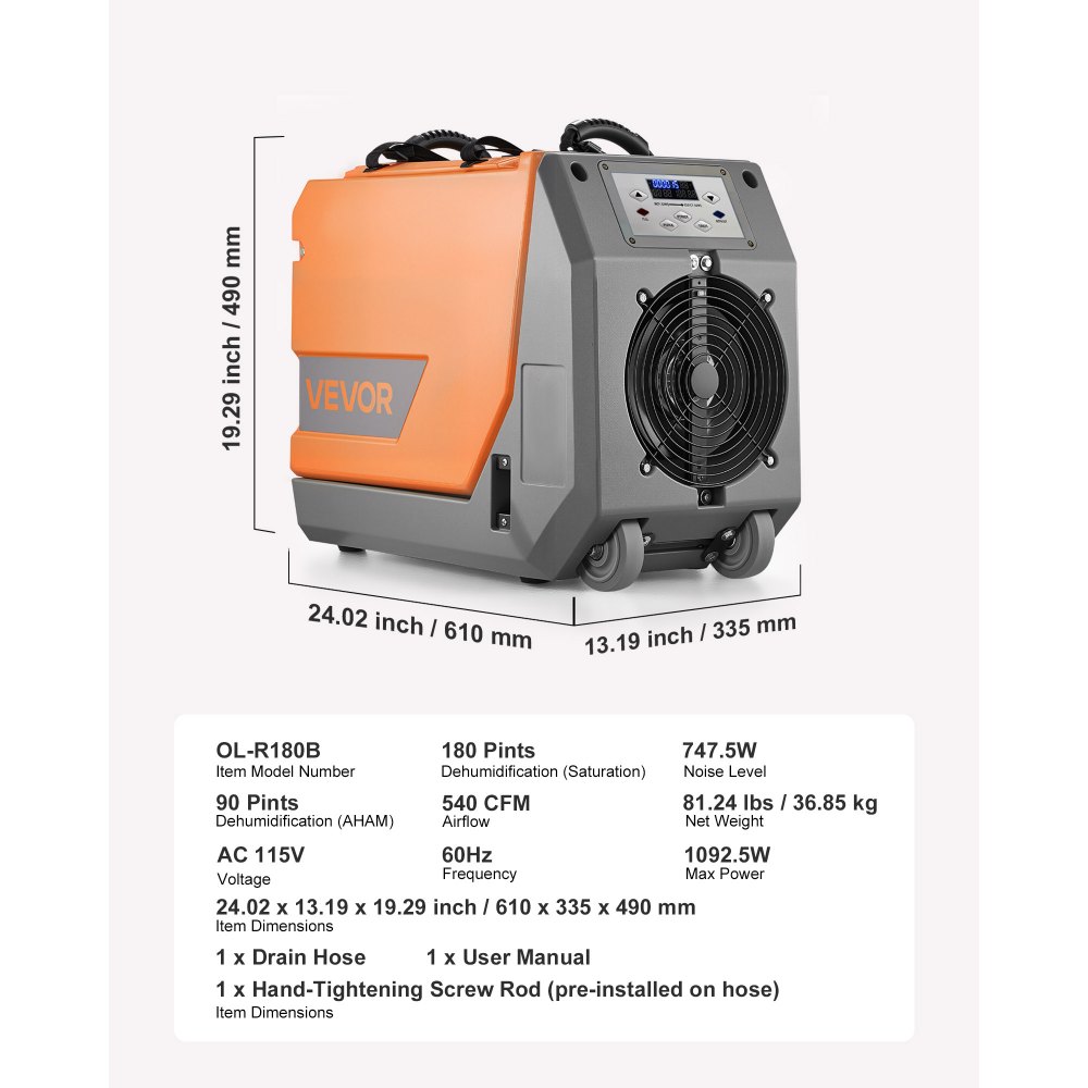 VEVOR 180 Pints Commercial Dehumidifier with Pump/Drain Hoses, Portable Crawl Space Dehumidifiers for Basement Storage Room Industrial Grade, Auto Defrost, Heavy-duty LLDPE,Foldable Handle