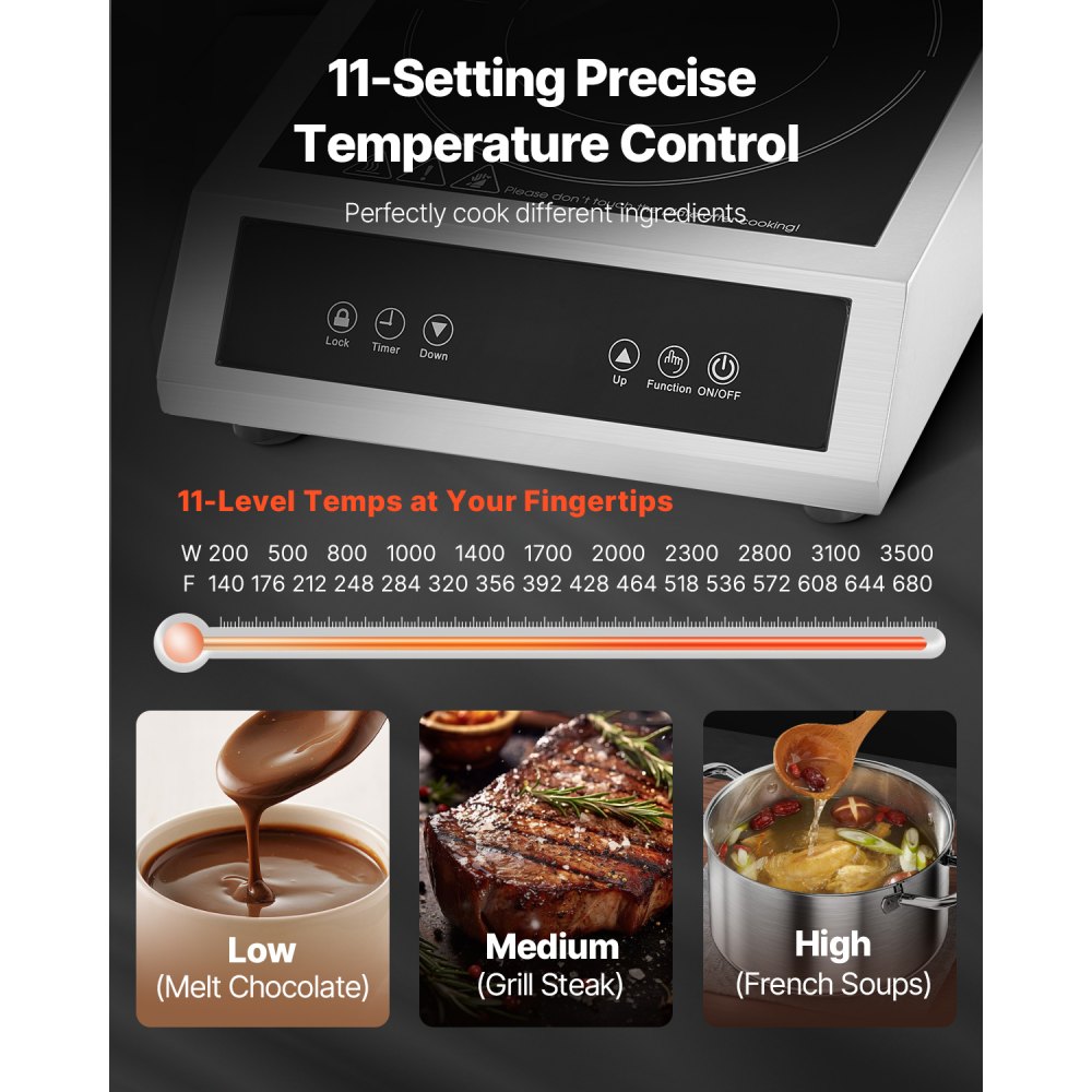 VEVOR Induction Cooktop, 3500W Commercial Induction Burner with 11-Level Temperature, Stainless Steel Countertop Induction Hot Plate with 3H Timer, Child Lock for Restaurant (6-15P Plug, 6-20R Outlet)