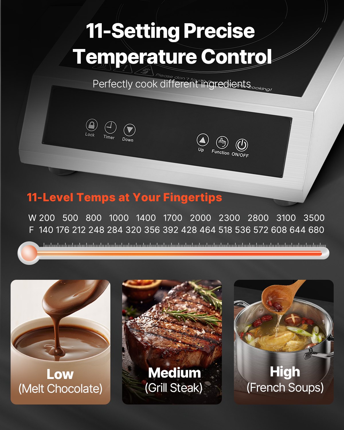 VEVOR Induction Cooktop, 3500W Commercial Induction Burner with 11-Level Temperature, Stainless Steel Countertop Induction Hot Plate with 3H Timer, Child Lock for Restaurant (6-15P Plug, 6-20R Outlet)