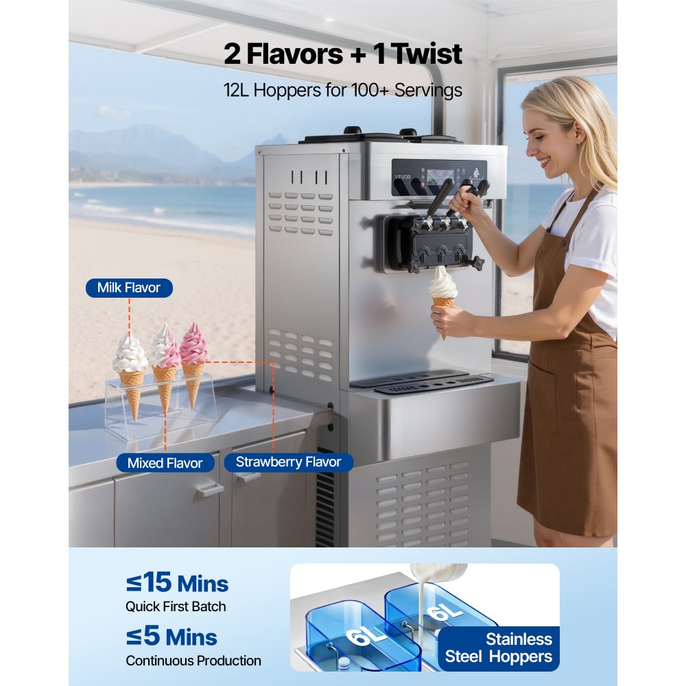 VEVOR Commercial Ice Cream Machine, 20-28L/H Yield, 2200W 3-Flavor Freestanding Soft Serve Ice Cream Maker with 2 x 6L Hoppers & Built-In Puffing Pump, Pre-Cooling Low-Mix Alert for Snack Dessert Shop