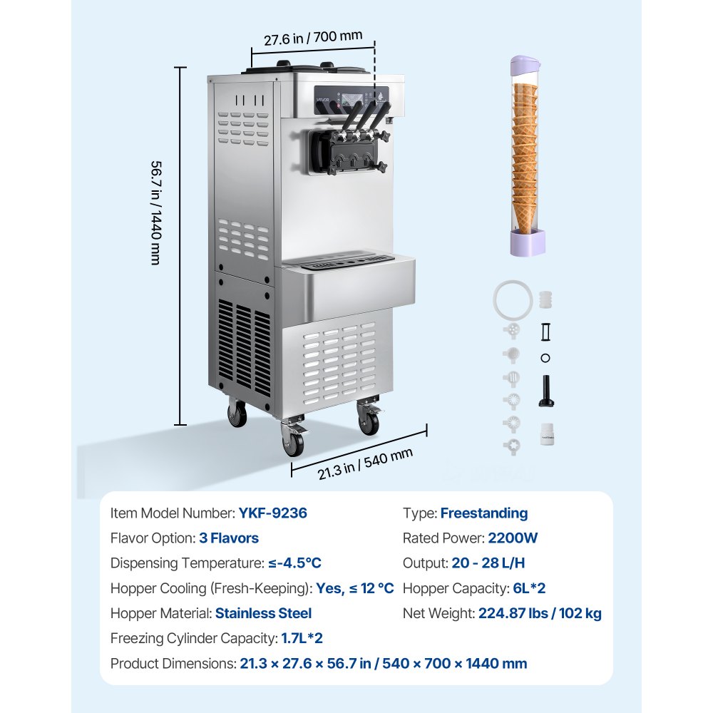 VEVOR Commercial Ice Cream Machine, 20-28L/H Yield, 2200W 3-Flavor Freestanding Soft Serve Ice Cream Maker with 2 x 6L Hoppers & Built-In Puffing Pump, Pre-Cooling Low-Mix Alert for Snack Dessert Shop