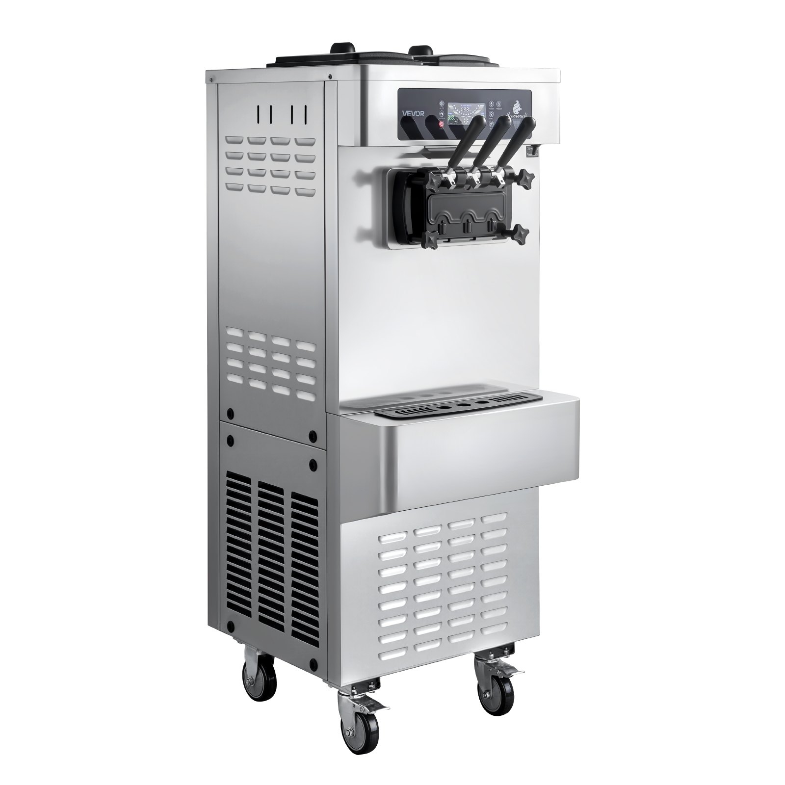 VEVOR Commercial Ice Cream Machine, 20-28L/H Yield, 2200W 3-Flavor Freestanding Soft Serve Ice Cream Maker with 2 x 6L Hoppers & Built-In Puffing Pump, Pre-Cooling Low-Mix Alert for Snack Dessert Shop