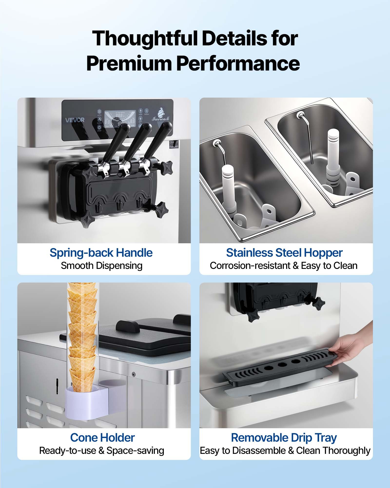 VEVOR Commercial Ice Cream Machine, 20-28L/H Yield, 2200W 3-Flavor Countertop Soft Serve Ice Cream Maker with 2 x 6L Hoppers & Built-In Puffing Pump, Pre-Cooling Low-Mix Alert for Snack Dessert Shops