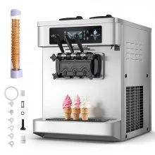 VEVOR Commercial Ice Cream Machine, 20-28L/H Yield, 2200W 3-Flavor Countertop Soft Serve Ice Cream Maker with 2 x 6L Hoppers & Built-In Puffing Pump, Pre-Cooling Low-Mix Alert for Snack Dessert Shops