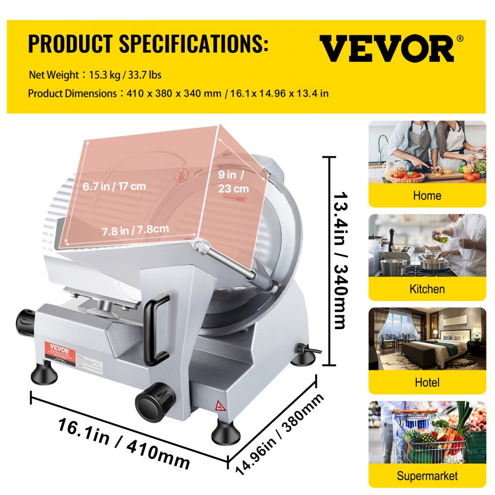 VEVOR Commercial Meat Slicer, 240W Electric Deli Food Slicer, 10 inch Carbon Steel Blade Electric Food Slicer, 350-400RPM Meat Slicer, 0 - 0.47 inch Adjustable Thickness for Commercial and Home Use