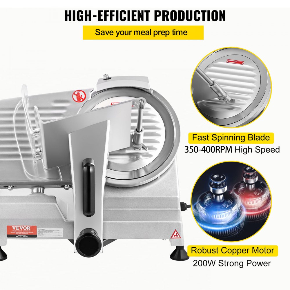 VEVOR Commercial Meat Slicer, 200W Electric Deli Food Slicer, 350-400RPM Meat Slicer with 20.3 cm Carbon Steel Blade, 0 - 1.2 cm Adjustable Thickness Electric Meat Slicer for Home and Commercial Use