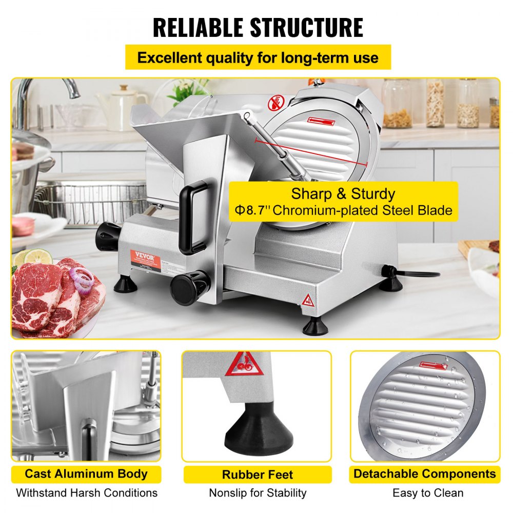 VEVOR Commercial Meat Slicer, 200W Electric Deli Food Slicer, 350-400RPM Meat Slicer with 20.3 cm Carbon Steel Blade, 0 - 1.2 cm Adjustable Thickness Electric Meat Slicer for Home and Commercial Use
