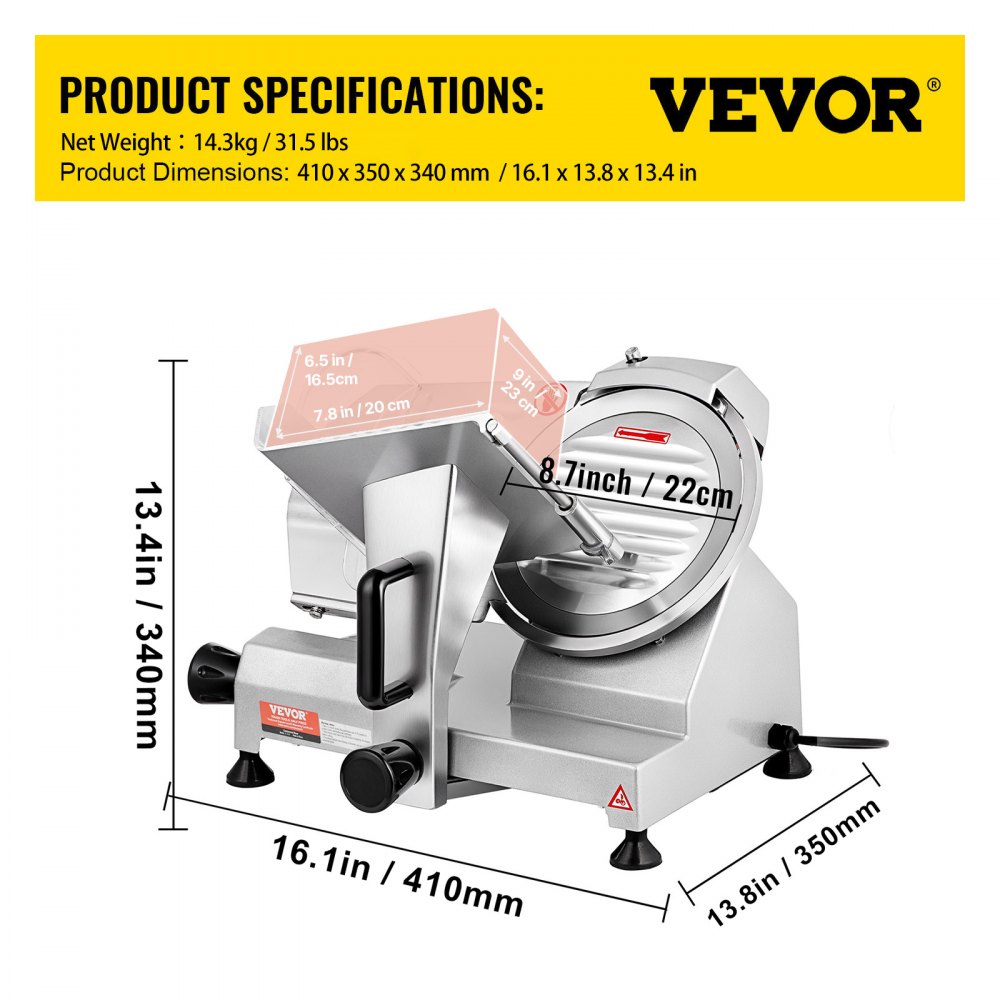 VEVOR Commercial Meat Slicer, 200W Electric Deli Food Slicer, 350-400RPM Meat Slicer with 20.3 cm Carbon Steel Blade, 0 - 1.2 cm Adjustable Thickness Electric Meat Slicer for Home and Commercial Use