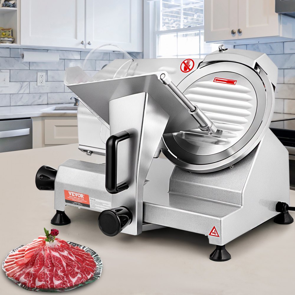 VEVOR Commercial Meat Slicer, 200W Electric Deli Food Slicer, 350-400RPM Meat Slicer with 20.3 cm Carbon Steel Blade, 0 - 1.2 cm Adjustable Thickness Electric Meat Slicer for Home and Commercial Use