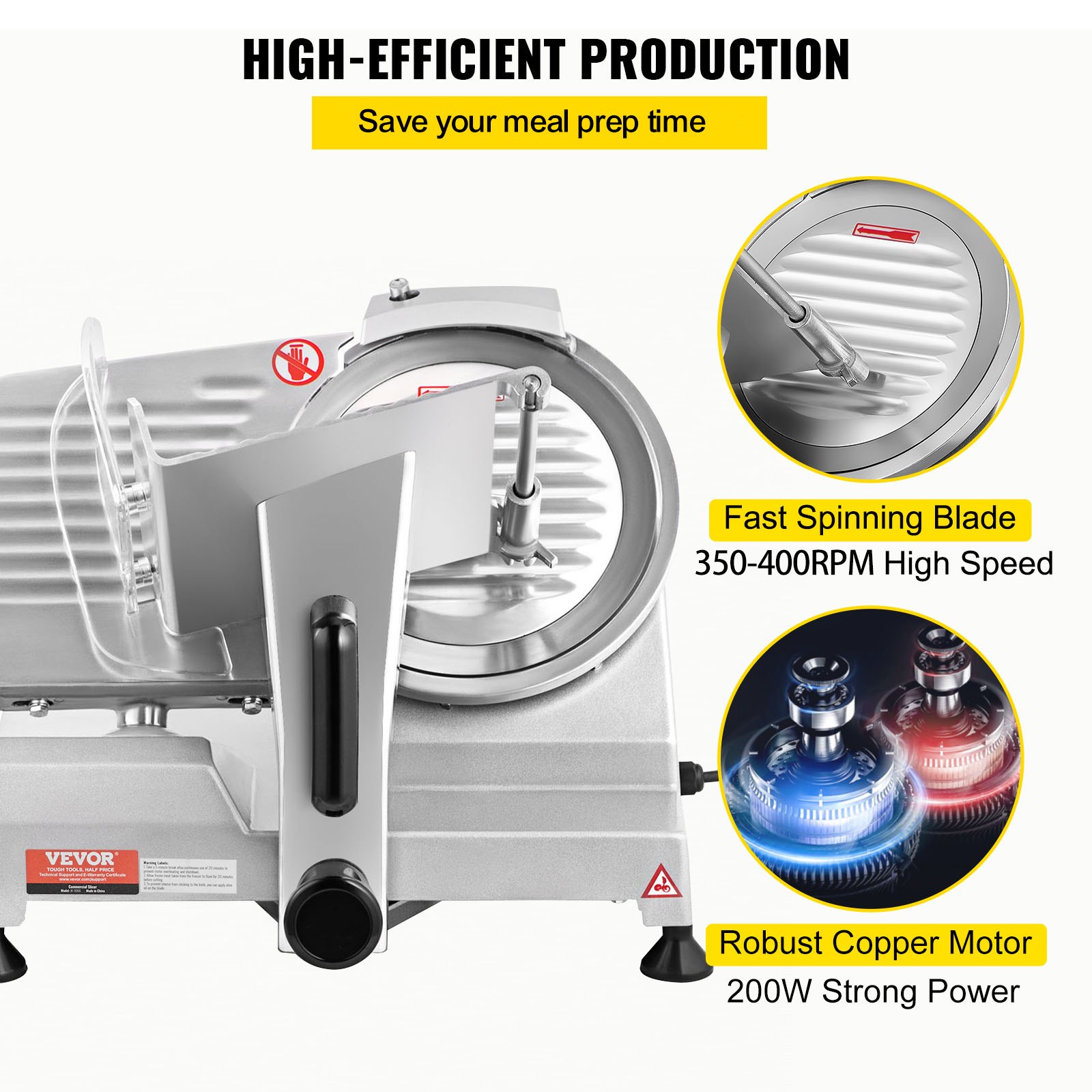 VEVOR Commercial Meat Slicer, 200W Electric Deli Food Slicer, 350-400RPM Meat Slicer with 20.3 cm Carbon Steel Blade, 0 - 1.2 cm Adjustable Thickness Electric Meat Slicer for Home and Commercial Use