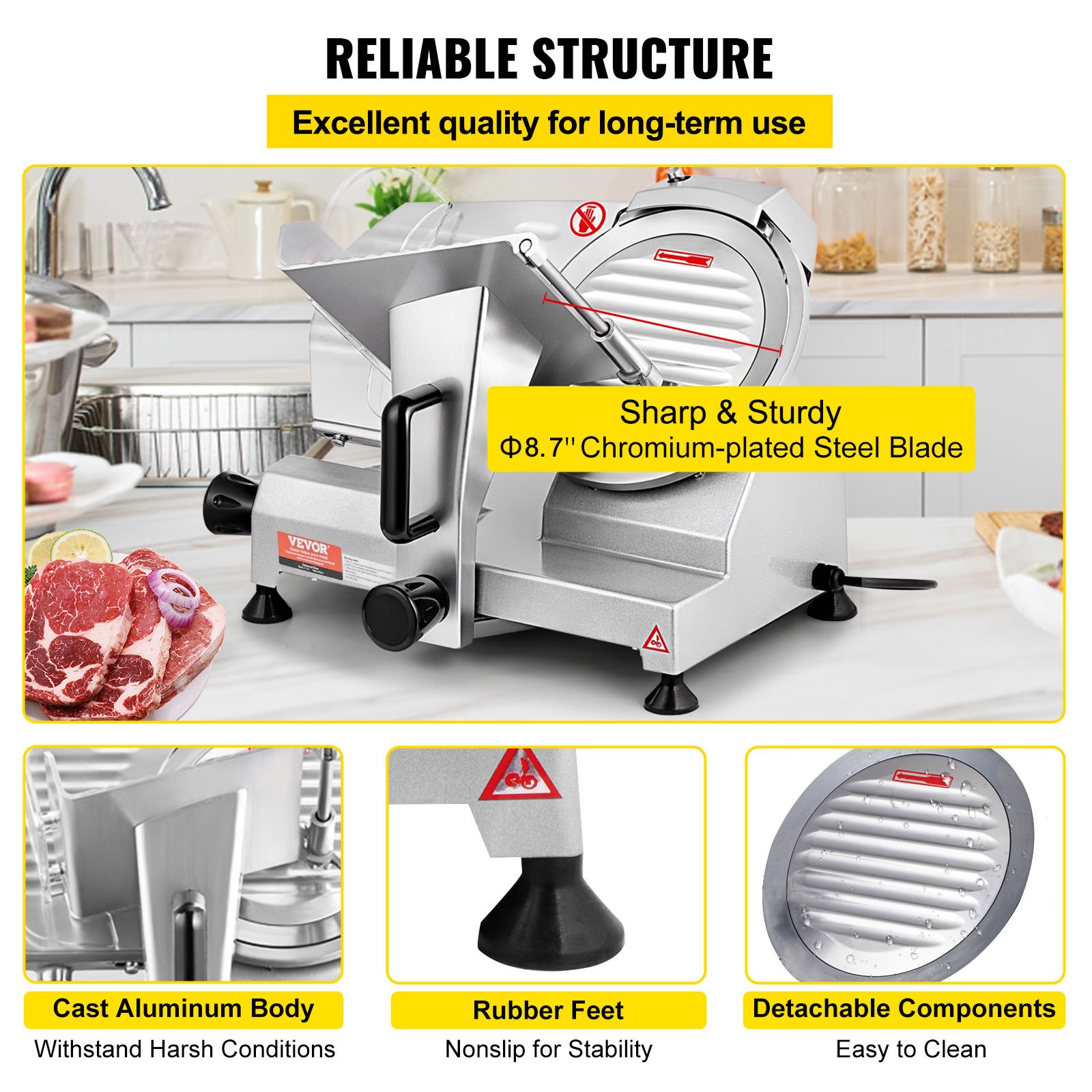 VEVOR Commercial Meat Slicer, 200W Electric Deli Food Slicer, 350-400RPM Meat Slicer with 20.3 cm Carbon Steel Blade, 0 - 1.2 cm Adjustable Thickness Electric Meat Slicer for Home and Commercial Use