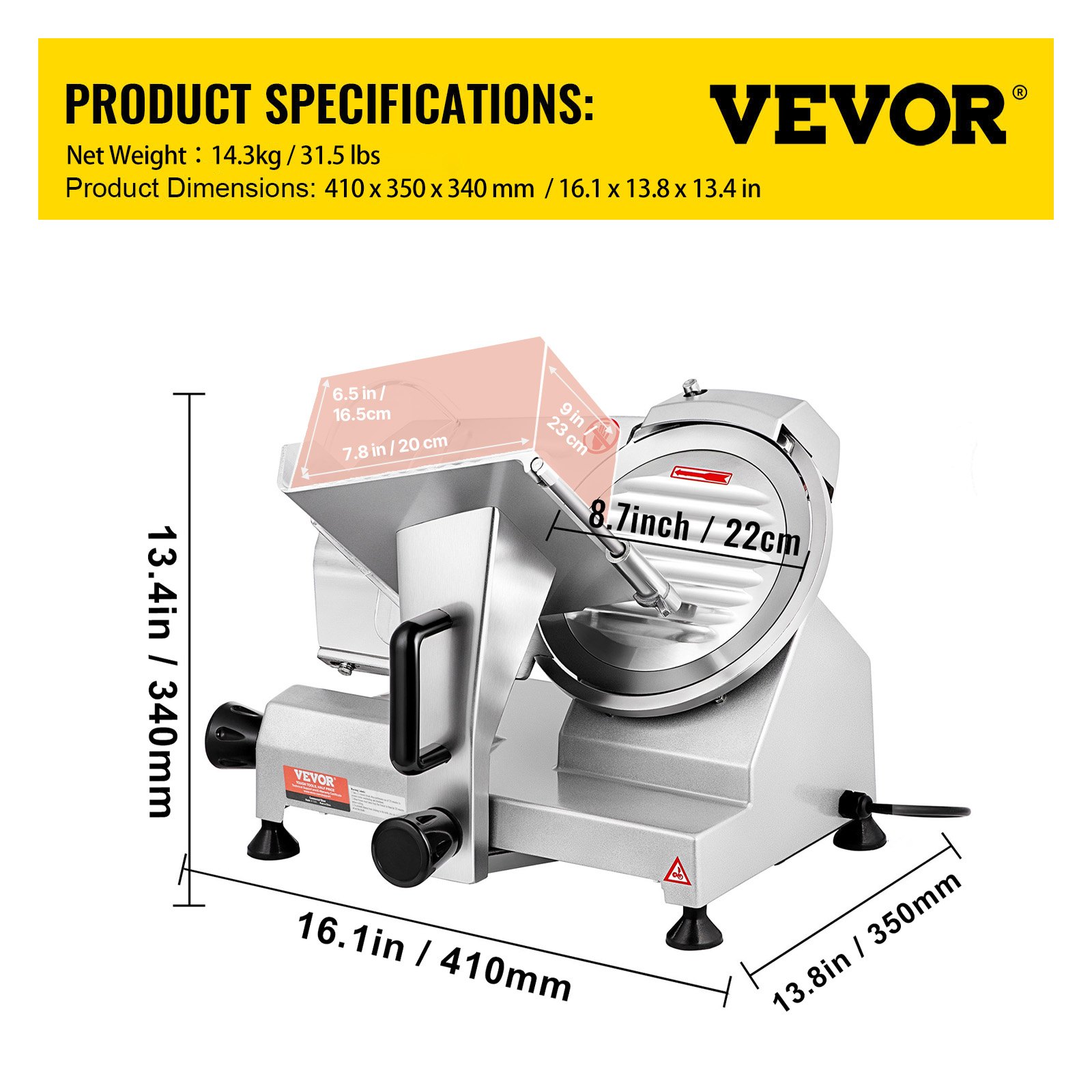 VEVOR Commercial Meat Slicer, 200W Electric Deli Food Slicer, 350-400RPM Meat Slicer with 20.3 cm Carbon Steel Blade, 0 - 1.2 cm Adjustable Thickness Electric Meat Slicer for Home and Commercial Use
