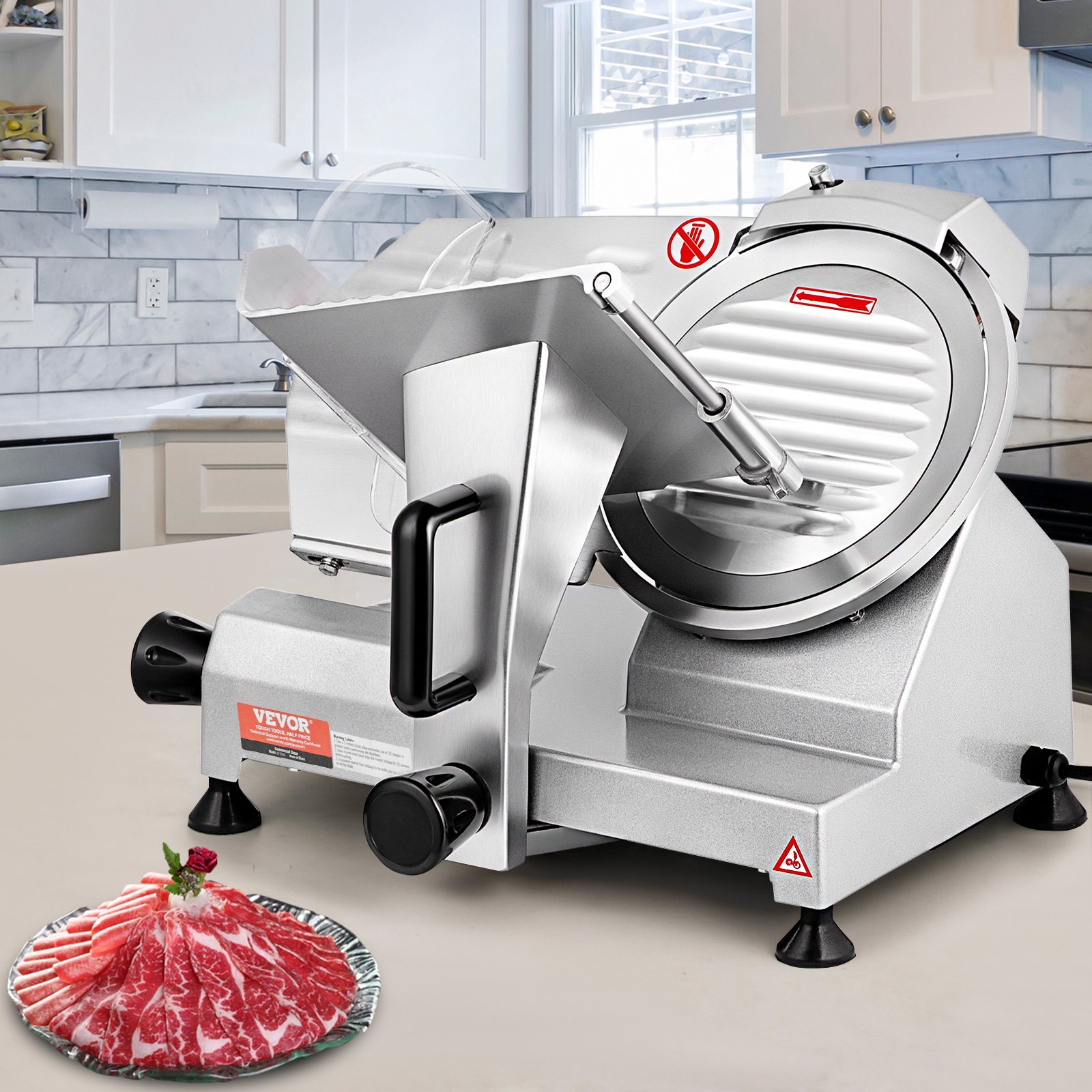 VEVOR Commercial Meat Slicer, 200W Electric Deli Food Slicer, 350-400RPM Meat Slicer with 20.3 cm Carbon Steel Blade, 0 - 1.2 cm Adjustable Thickness Electric Meat Slicer for Home and Commercial Use