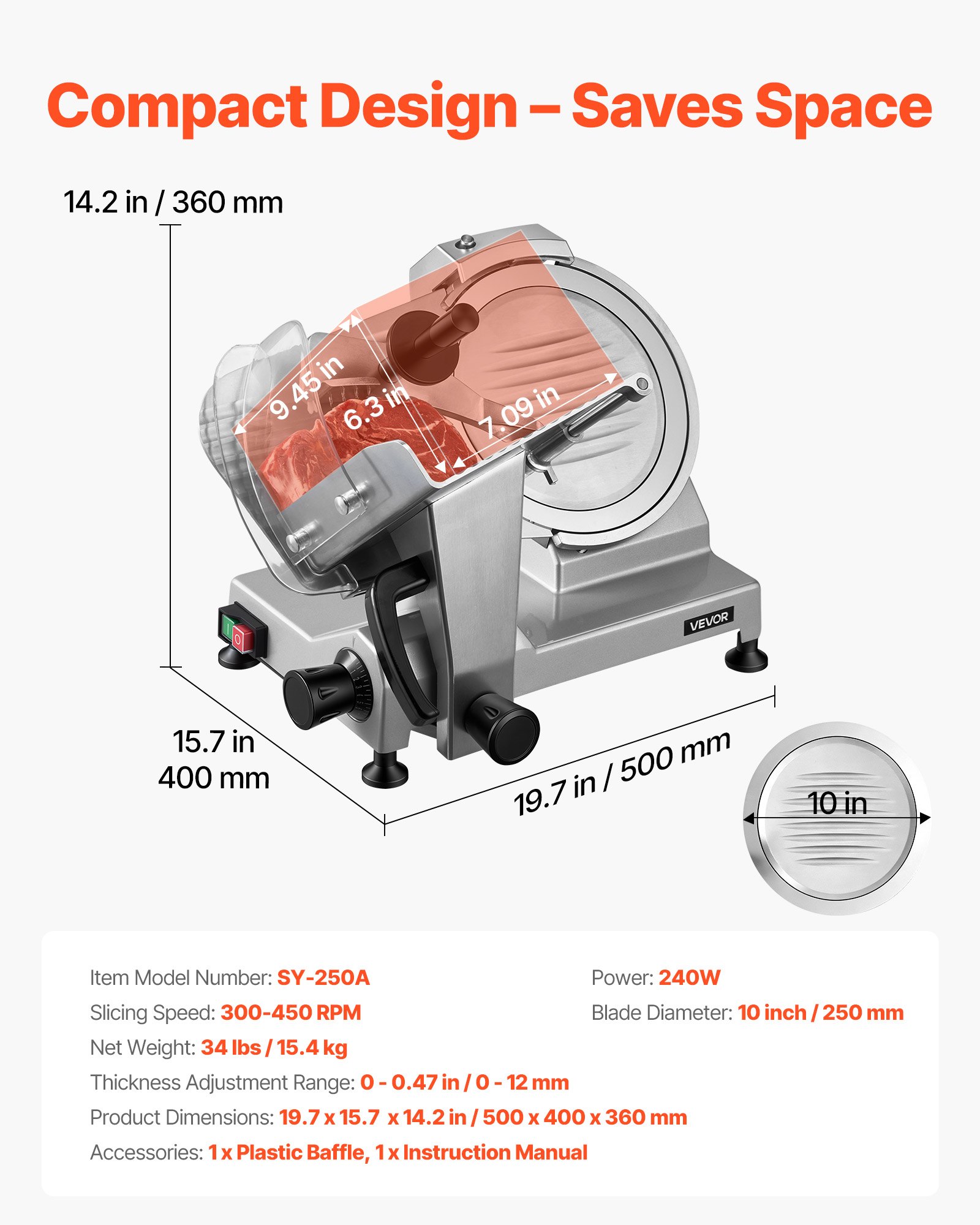 VEVOR Commercial Meat Slicer, 240W Electric Deli Food Slicer with 250mm Carbon Steel Blade, Built-In Sharpener & 0-12mm Adjustable Thickness for Frozen Meat, Ham, Baguett, Steak