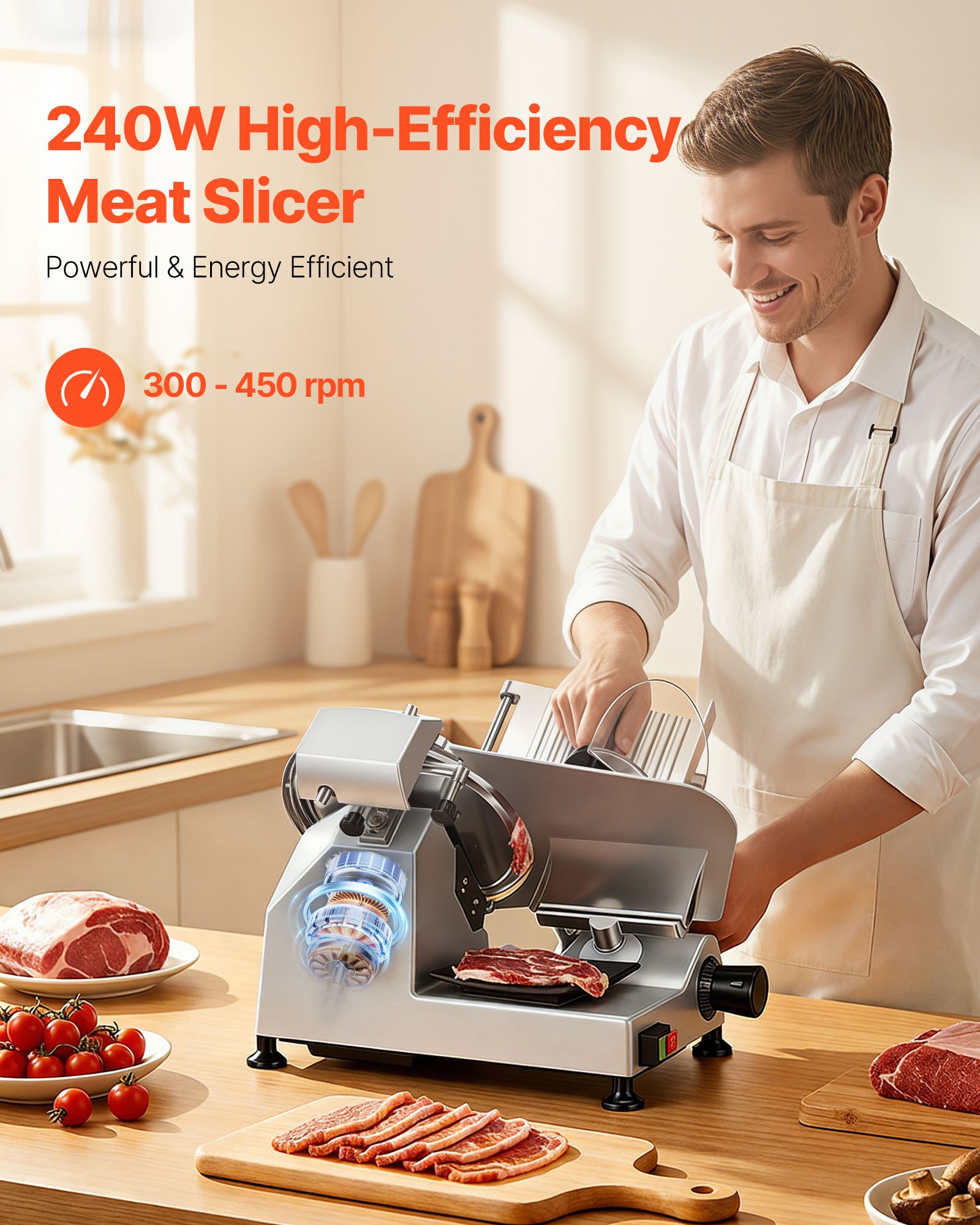 VEVOR Commercial Meat Slicer, 240W Electric Deli Food Slicer with 250mm Carbon Steel Blade, Built-In Sharpener & 0-12mm Adjustable Thickness for Frozen Meat, Ham, Baguett, Steak