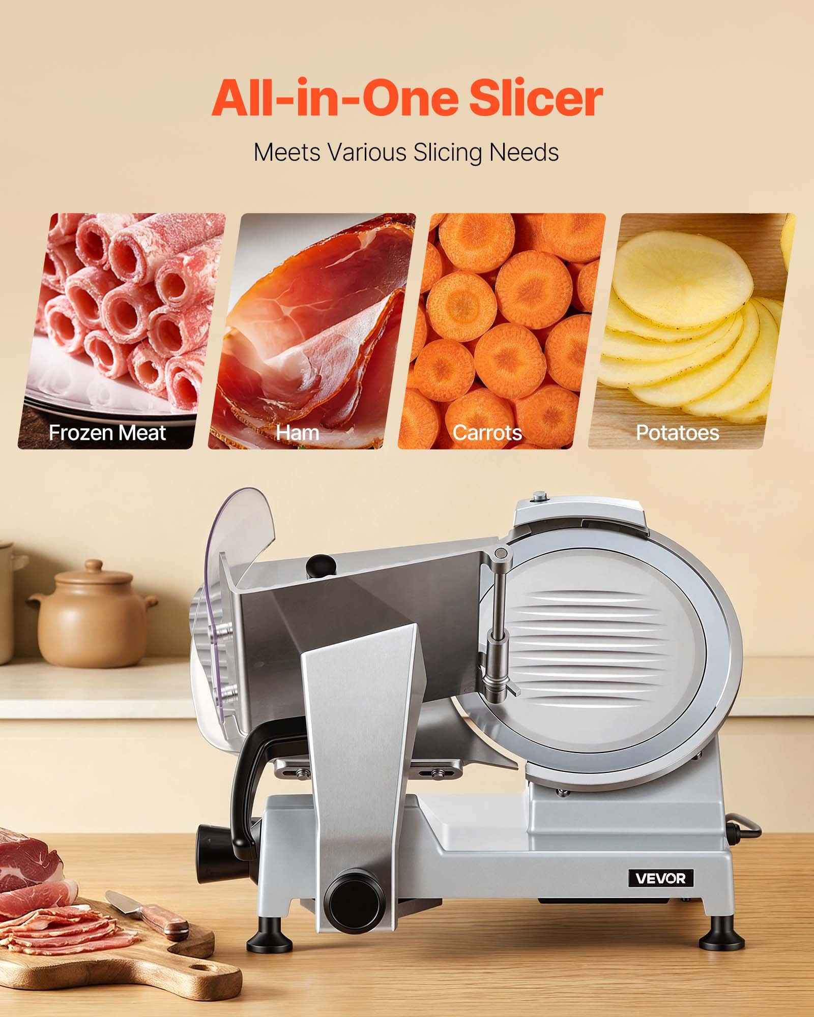 VEVOR Commercial Meat Slicer, 240W Electric Deli Food Slicer with 250mm Carbon Steel Blade, Built-In Sharpener & 0-12mm Adjustable Thickness for Frozen Meat, Ham, Baguett, Steak