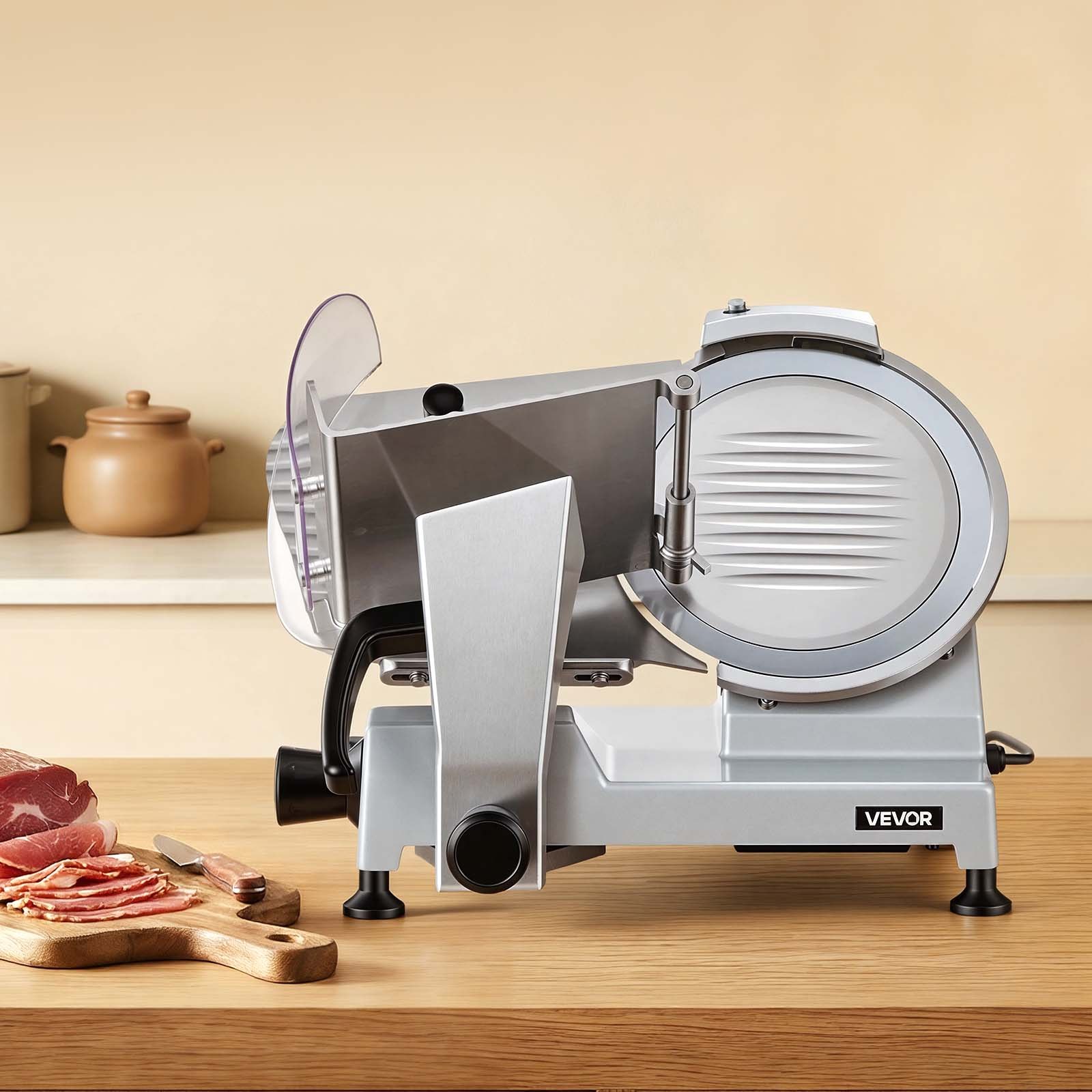 VEVOR Commercial Meat Slicer, 240W Electric Deli Food Slicer with 250mm Carbon Steel Blade, Built-In Sharpener & 0-12mm Adjustable Thickness for Frozen Meat, Ham, Baguett, Steak