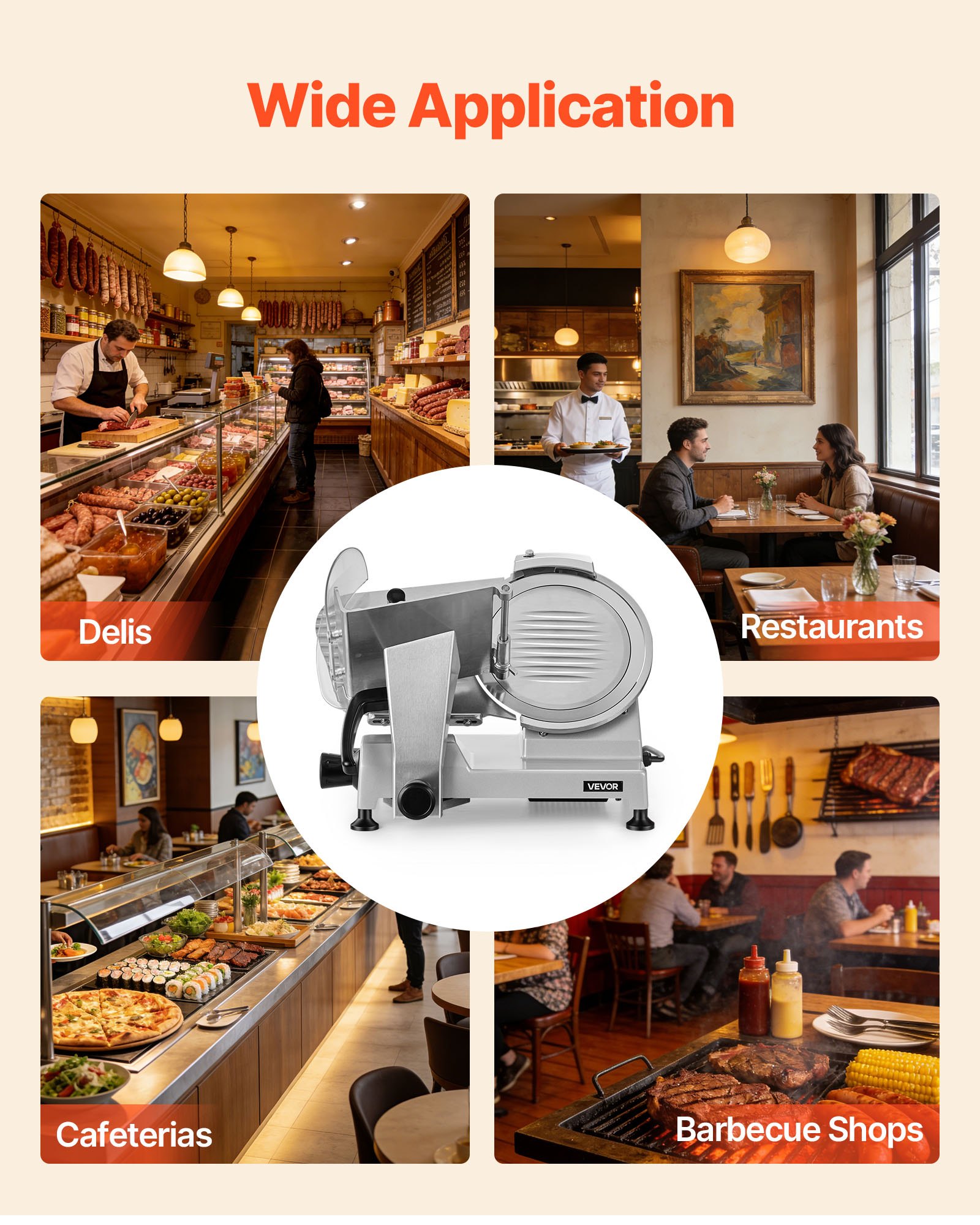 VEVOR Commercial Meat Slicer, 240W Electric Deli Food Slicer with 250mm Carbon Steel Blade, Built-In Sharpener & 0-12mm Adjustable Thickness for Frozen Meat, Ham, Baguett, Steak