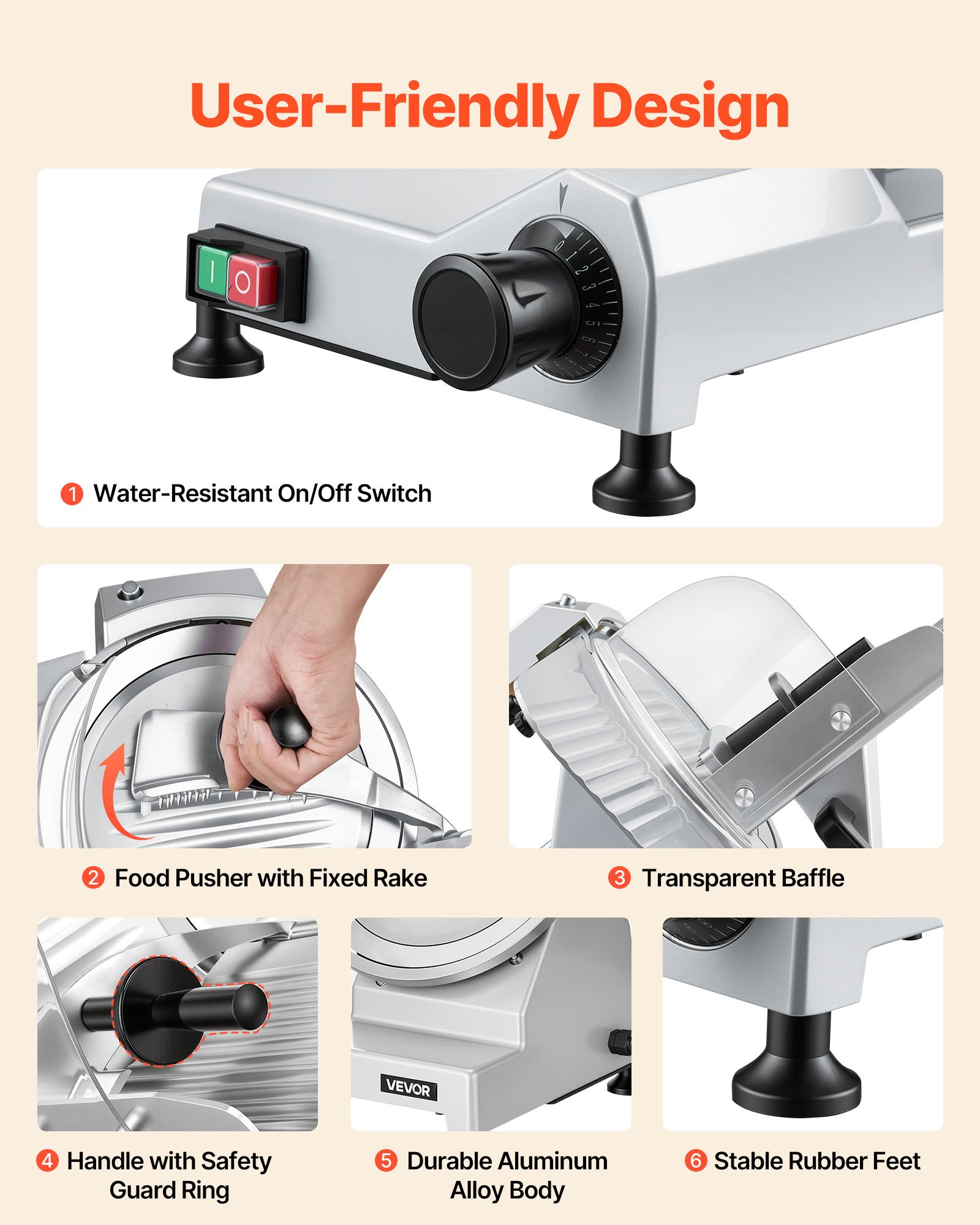 VEVOR Commercial Meat Slicer, 240W Electric Deli Food Slicer with 250mm Carbon Steel Blade, Built-In Sharpener & 0-12mm Adjustable Thickness for Frozen Meat, Ham, Baguett, Steak