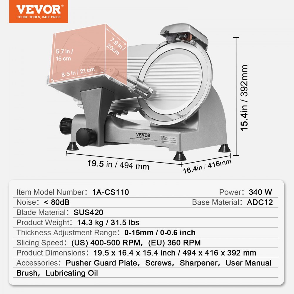 VEVOR Meat Slicer, 340W Electric Deli Food Slicer with 25.4 cm SUS420 Stainless Steel Blade and Built-in Sharpening Stone, 0-0.6 inch Adjustable Thickness for Commercial and Home Use, Cut Meat and Cheese