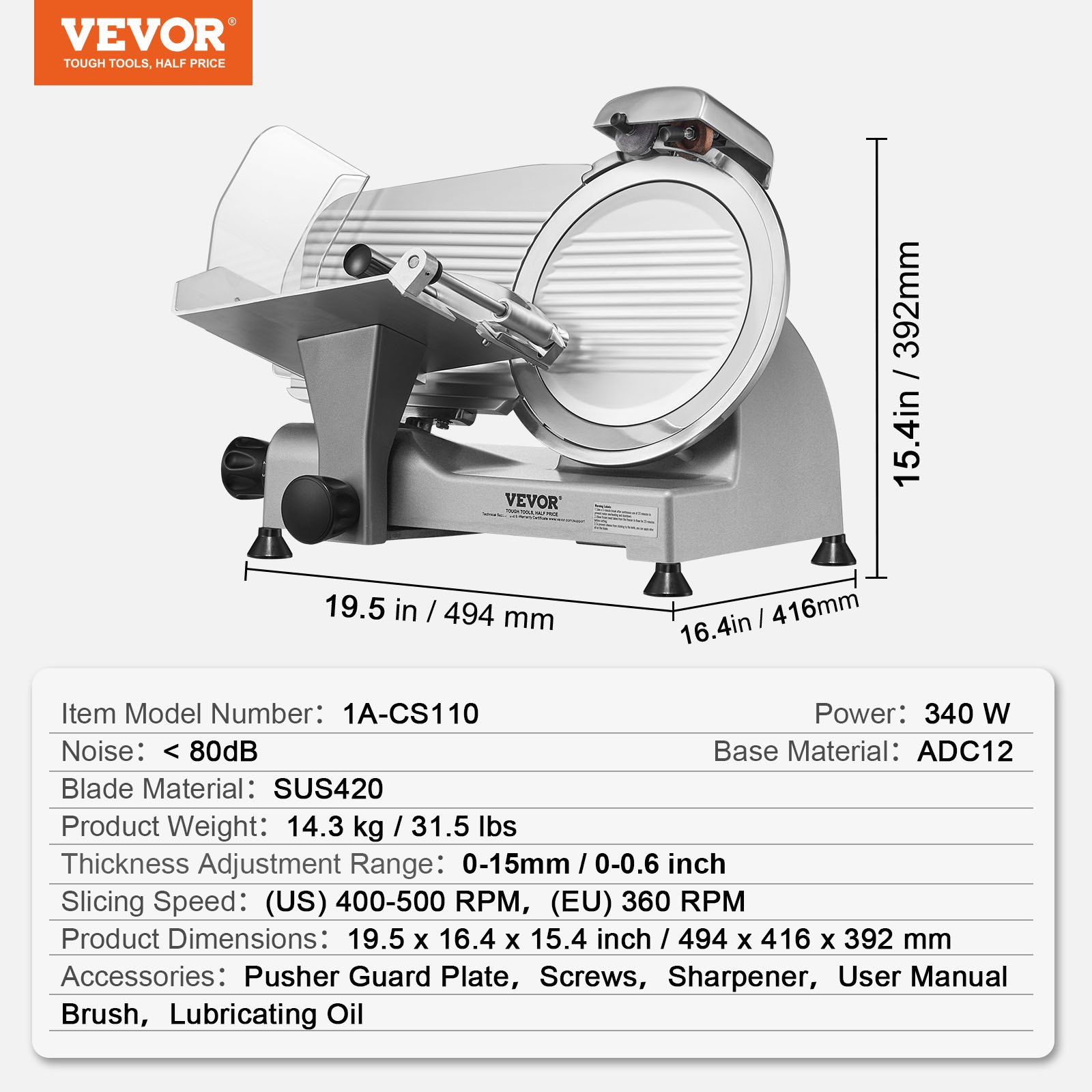 VEVOR Meat Slicer, 340W Electric Deli Food Slicer with 25.4 cm SUS420 Stainless Steel Blade and Built-in Sharpening Stone, 0-0.6 inch Adjustable Thickness for Commercial and Home Use, Cut Meat and Cheese