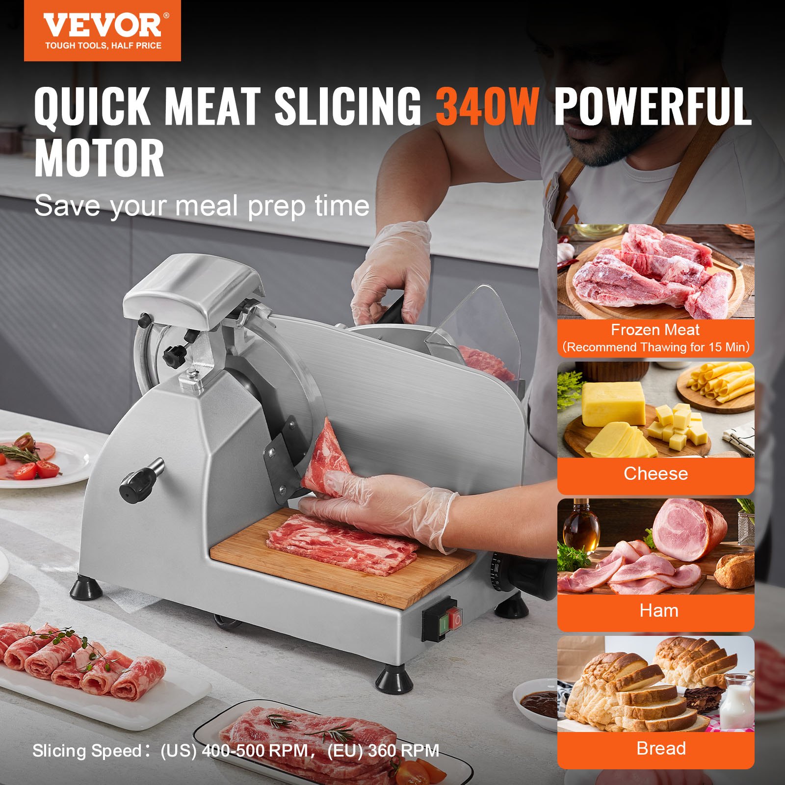 VEVOR Meat Slicer, 340W Electric Deli Food Slicer with 25.4 cm SUS420 Stainless Steel Blade and Built-in Sharpening Stone, 0-0.6 inch Adjustable Thickness for Commercial and Home Use, Cut Meat and Cheese