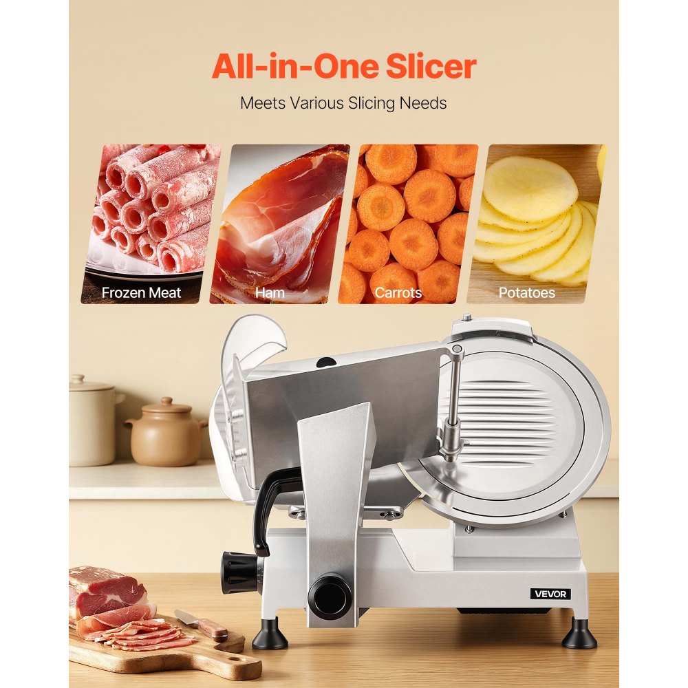 VEVOR Commercial Meat Slicer, 320W Electric Deli Food Slicer with 300mm Carbon Steel Blade, Built-In Sharpener & 0-15mm Adjustable Thickness for Frozen Meat, Ham, Baguett, Steak