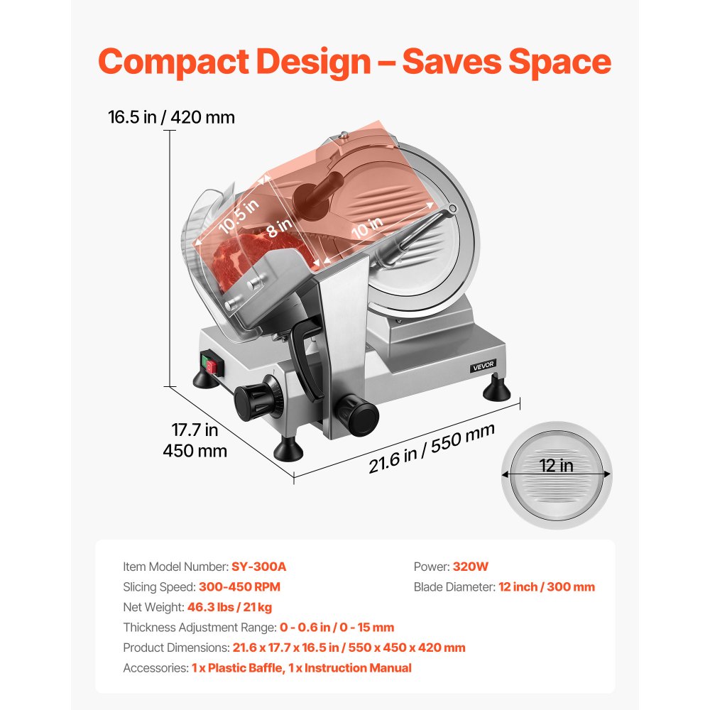 VEVOR Commercial Meat Slicer, 320W Electric Deli Food Slicer with 300mm Carbon Steel Blade, Built-In Sharpener & 0-15mm Adjustable Thickness for Frozen Meat, Ham, Baguett, Steak