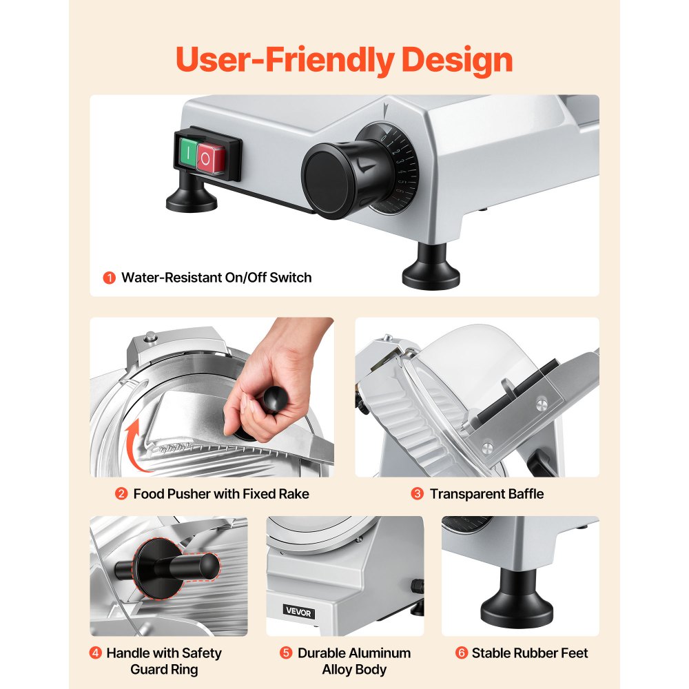 VEVOR Commercial Meat Slicer, 320W Electric Deli Food Slicer with 300mm Carbon Steel Blade, Built-In Sharpener & 0-15mm Adjustable Thickness for Frozen Meat, Ham, Baguett, Steak