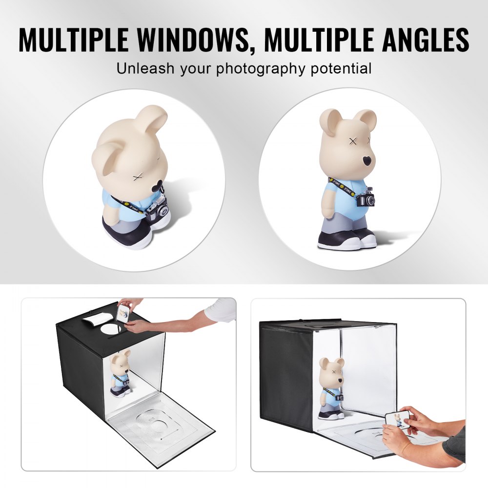 Caja de luz para estudio fotográfico VEVOR, 50,8 x 50,8 cm, 3000-5600 K, 3 temperaturas de color ajustables, kit de carpa para fotografía con 160 LED, 6 fondos, adaptador de corriente, tela suave, alto CRI ≥ 95 para fotografía de productos.