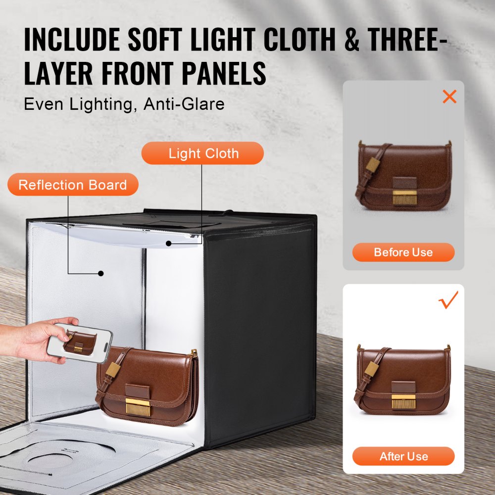 Caja de luz para estudio fotográfico VEVOR, 50,8 x 50,8 cm, 3000-5600 K, 3 temperaturas de color ajustables, kit de carpa para fotografía con 160 LED, 6 fondos, adaptador de corriente, tela suave, alto CRI ≥ 95 para fotografía de productos.