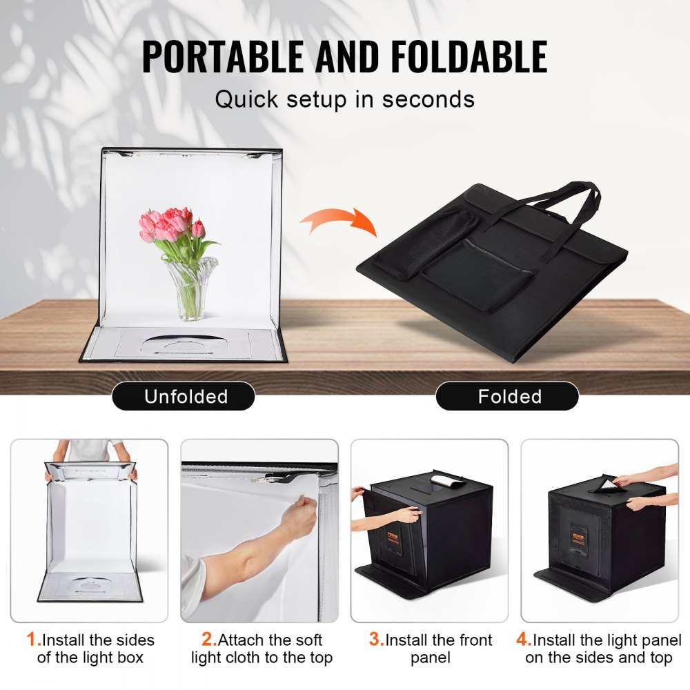 Caja de luz para estudio fotográfico VEVOR, 50,8 x 50,8 cm, 3000-5600 K, 3 temperaturas de color ajustables, kit de carpa para fotografía con 160 LED, 6 fondos, adaptador de corriente, tela suave, alto CRI ≥ 95 para fotografía de productos.