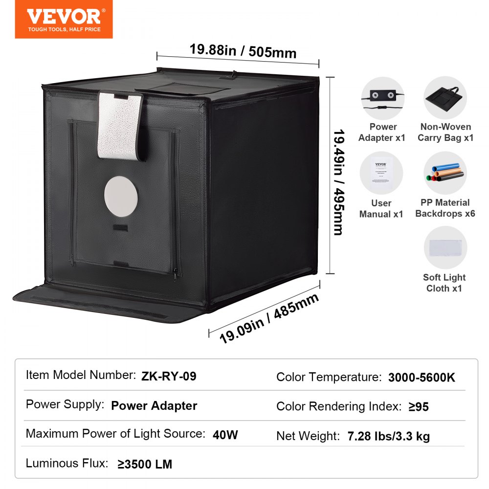 Caja de luz para estudio fotográfico VEVOR, 50,8 x 50,8 cm, 3000-5600 K, 3 temperaturas de color ajustables, kit de carpa para fotografía con 160 LED, 6 fondos, adaptador de corriente, tela suave, alto CRI ≥ 95 para fotografía de productos.