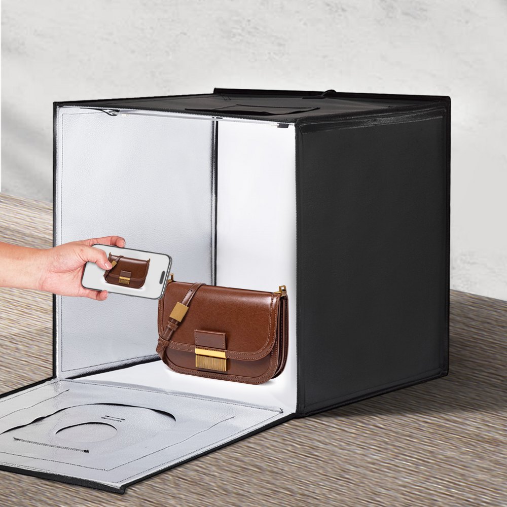 Caja de luz para estudio fotográfico VEVOR, 50,8 x 50,8 cm, 3000-5600 K, 3 temperaturas de color ajustables, kit de carpa para fotografía con 160 LED, 6 fondos, adaptador de corriente, tela suave, alto CRI ≥ 95 para fotografía de productos.