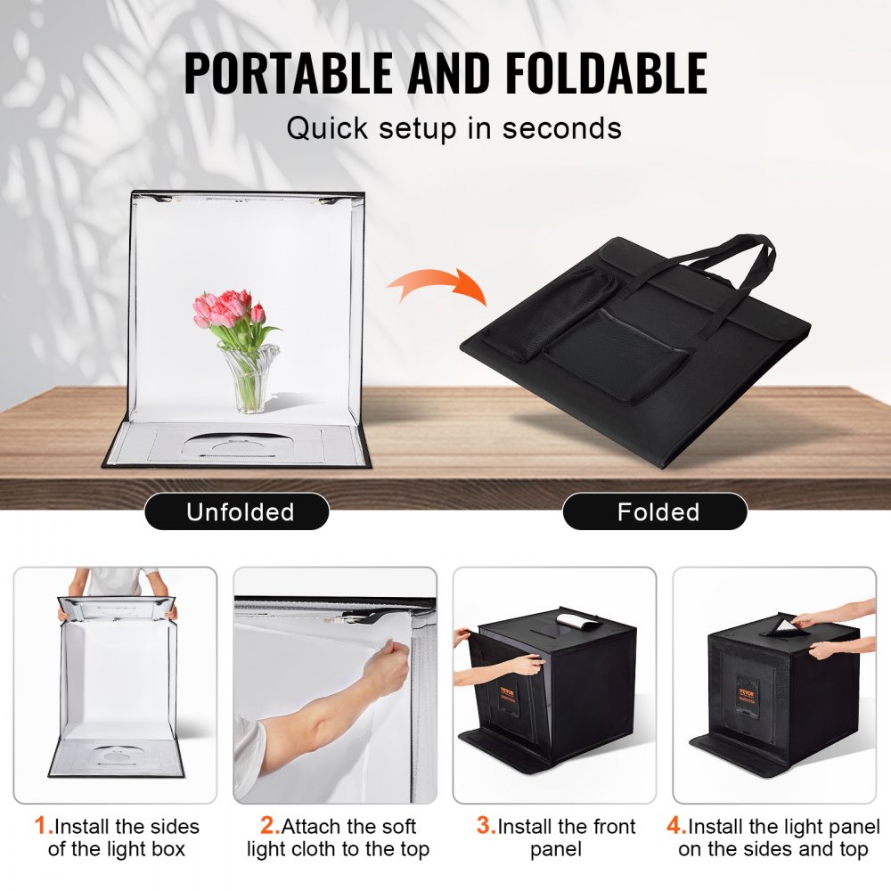 Caja de luz para estudio fotográfico VEVOR, 61 x 61 cm, 3000-5600 K, 3 temperaturas de color ajustables, kit de carpa para fotografía con 160 LED, 6 fondos, adaptador de corriente, tela suave, alto CRI ≥ 95 para fotografía de productos.
