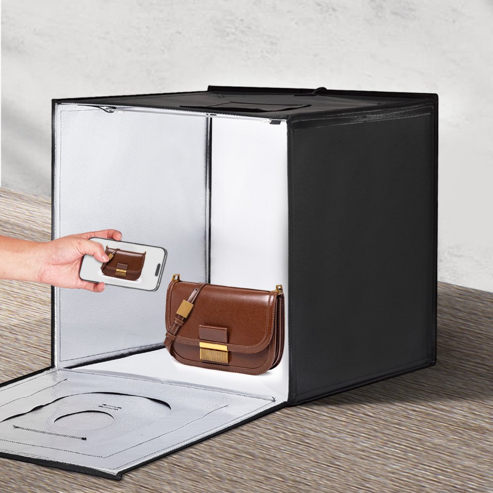 Caja de luz para estudio fotográfico VEVOR, 61 x 61 cm, 3000-5600 K, 3 temperaturas de color ajustables, kit de carpa para fotografía con 160 LED, 6 fondos, adaptador de corriente, tela suave, alto CRI ≥ 95 para fotografía de productos.