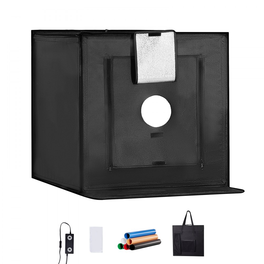 Caja de luz para estudio fotográfico VEVOR, 61 x 61 cm, 3000-5600 K, 3 temperaturas de color ajustables, kit de carpa para fotografía con 160 LED, 6 fondos, adaptador de corriente, tela suave, alto CRI ≥ 95 para fotografía de productos.