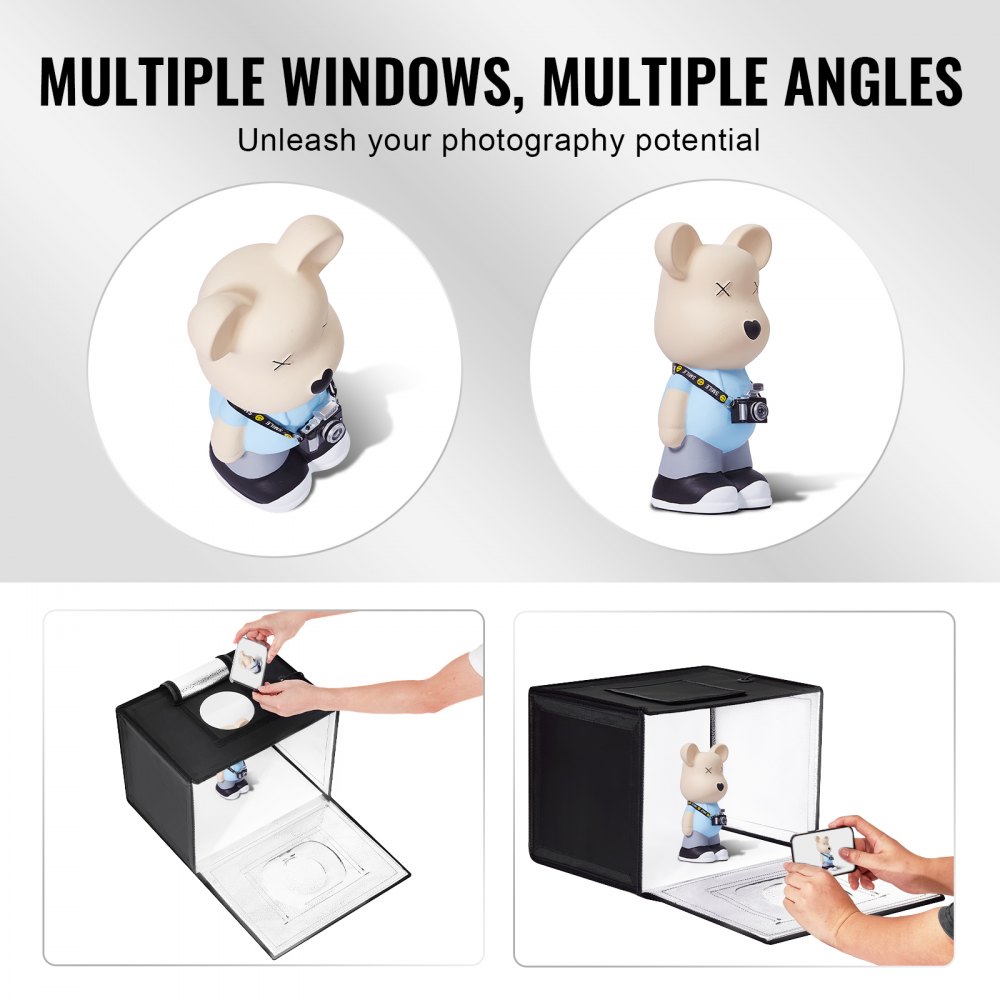Caja de luz para estudio fotográfico VEVOR, 30,5 x 30,5 cm, 3000-5600 K, 3 temperaturas de color ajustables, kit profesional de tienda de fotografía con 120 LED, 6 fondos y tela de luz suave, alto CRI ≥ 95 para productos pequeños.