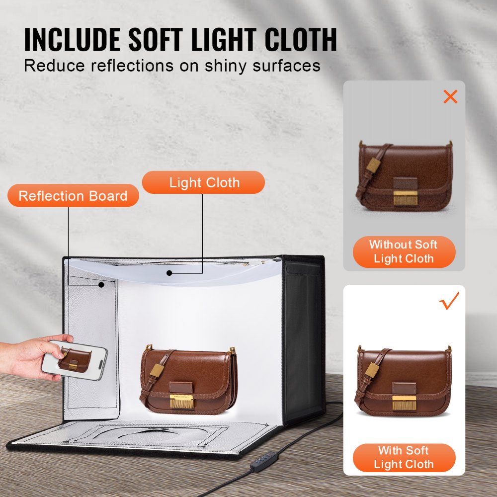 Caja de luz para estudio fotográfico VEVOR, 30,5 x 30,5 cm, 3000-5600 K, 3 temperaturas de color ajustables, kit profesional de tienda de fotografía con 120 LED, 6 fondos y tela de luz suave, alto CRI ≥ 95 para productos pequeños.