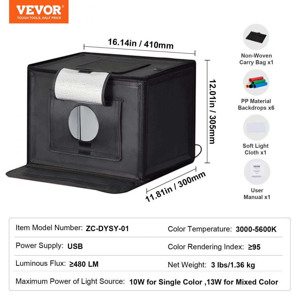 Caja de luz para estudio fotográfico VEVOR, 30,5 x 30,5 cm, 3000-5600 K, 3 temperaturas de color ajustables, kit profesional de tienda de fotografía con 120 LED, 6 fondos y tela de luz suave, alto CRI ≥ 95 para productos pequeños.