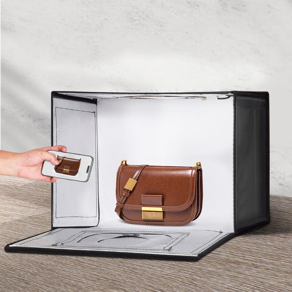 Caja de luz para estudio fotográfico VEVOR, 30,5 x 30,5 cm, 3000-5600 K, 3 temperaturas de color ajustables, kit profesional de tienda de fotografía con 120 LED, 6 fondos y tela de luz suave, alto CRI ≥ 95 para productos pequeños.