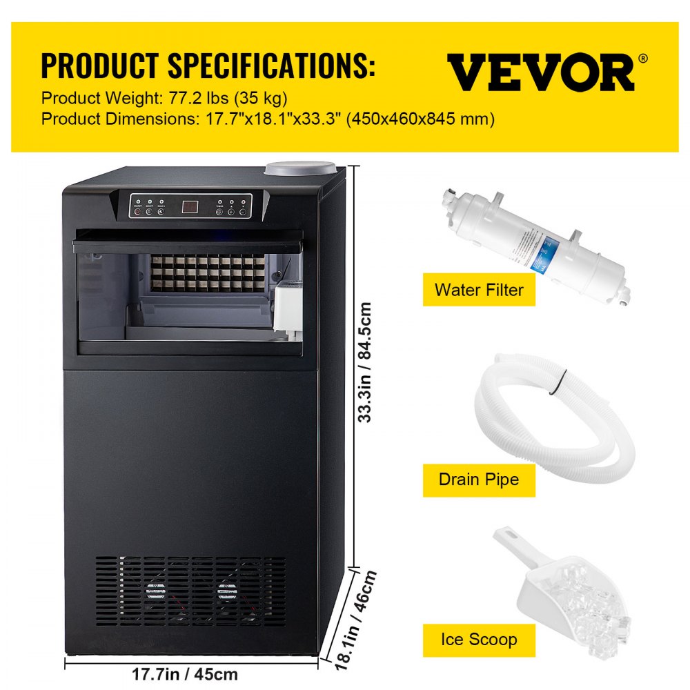 Vevor 121lb Commercial Ice Maker Built-in Ice Cube Maker Machine 50lb Storage