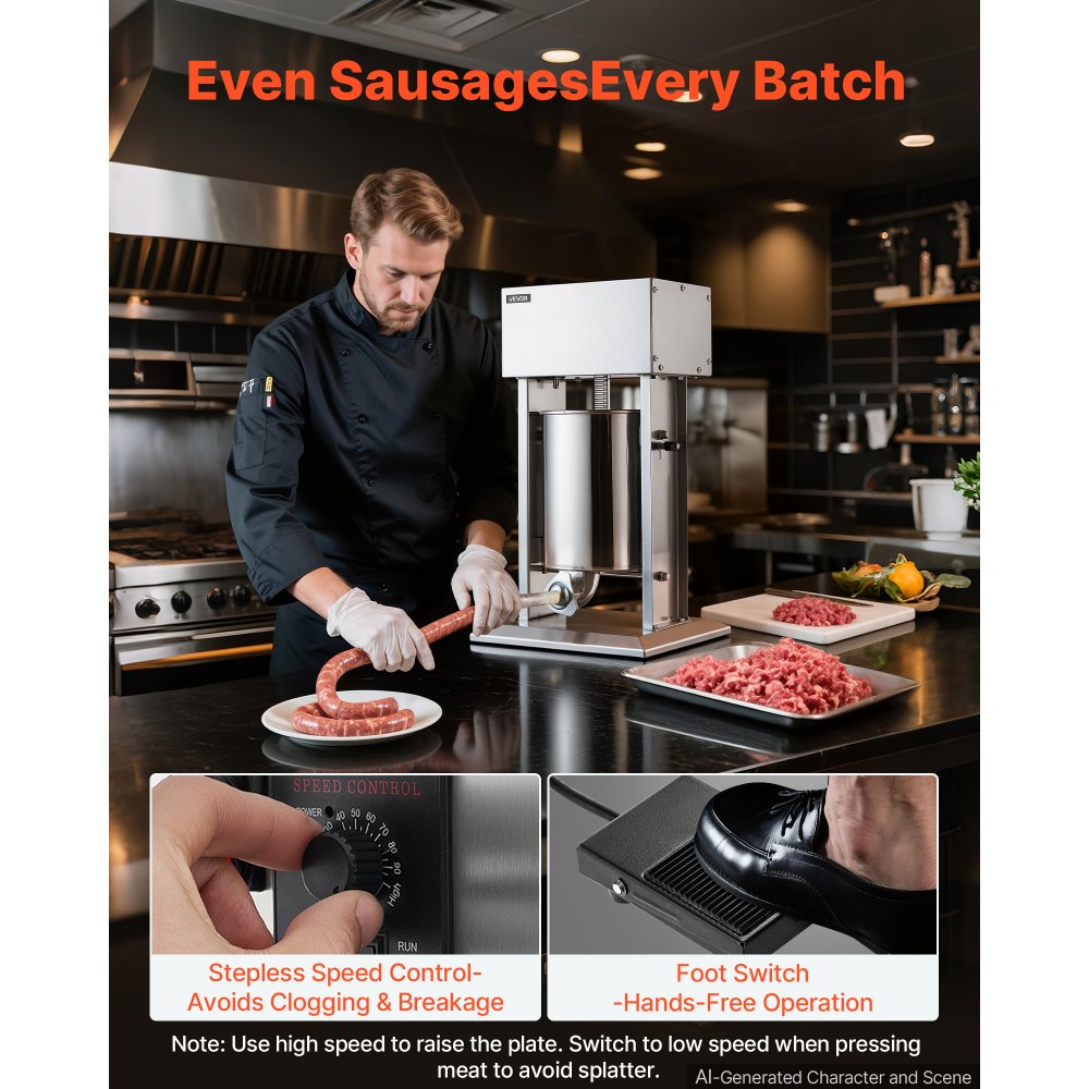 VEVOR Electric Sausage Stuffer 10L Vertical Meat Maker Stainless Steel, for Commercial Use, Stepless Speed Control Meat Stuffer, Sausage Filler Kit, 4 Filling Tubes & Foot Pedal, CE Approved