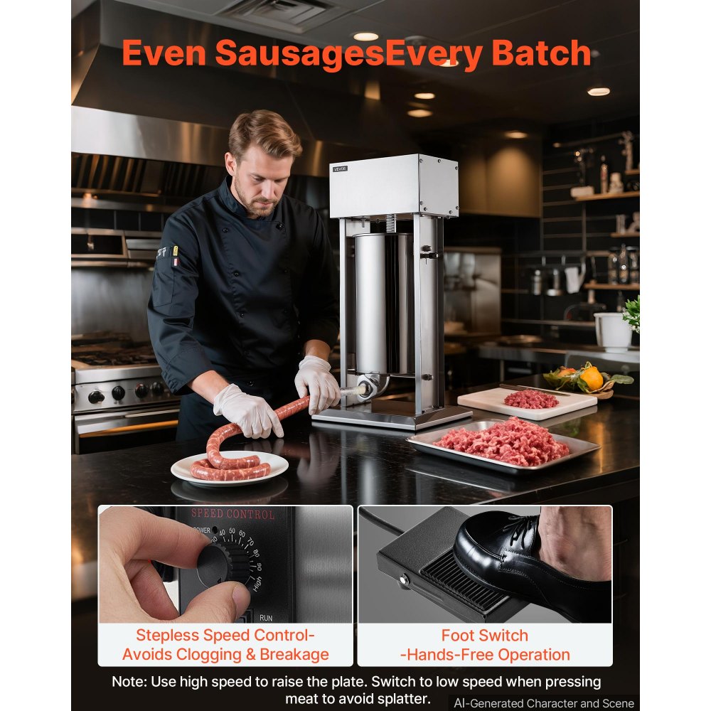 VEVOR Electric Sausage Stuffer 33 lbs Vertical Meat Maker Stainless Steel, for Commercial Use, Stepless Speed Control Meat Stuffer, Sausage Filler Kit, 4 Filling Tubes & Foot Pedal, ETL Approved