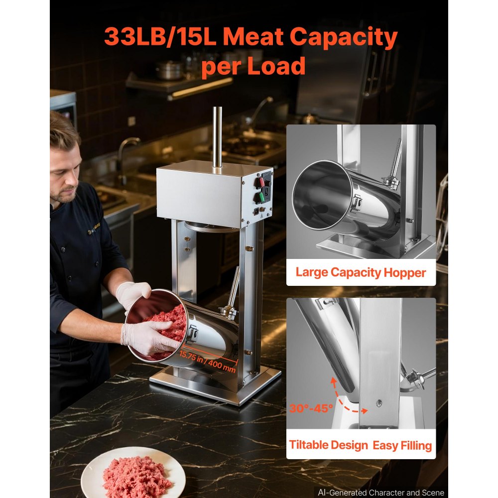 VEVOR Electric Sausage Stuffer 33 lbs Vertical Meat Maker Stainless Steel, for Commercial Use, Stepless Speed Control Meat Stuffer, Sausage Filler Kit, 4 Filling Tubes & Foot Pedal, ETL Approved