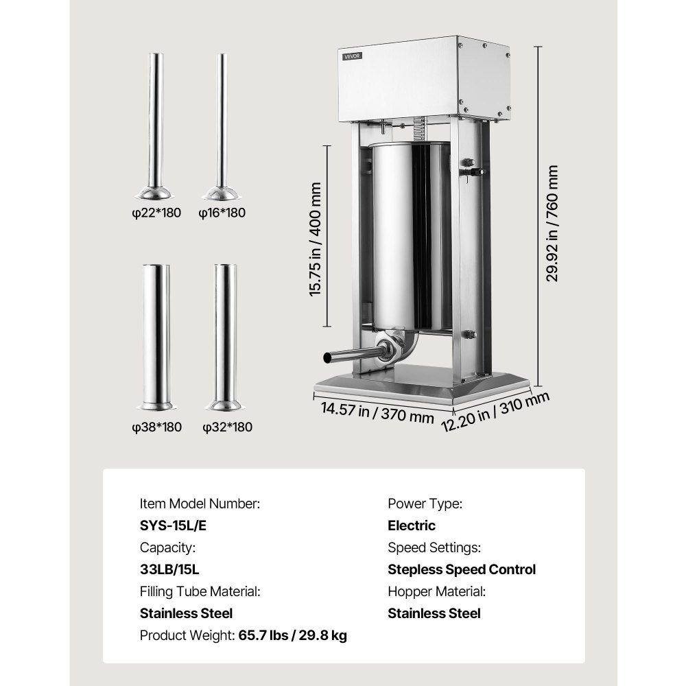 VEVOR Electric Sausage Stuffer 33 lbs Vertical Meat Maker Stainless Steel, for Commercial Use, Stepless Speed Control Meat Stuffer, Sausage Filler Kit, 4 Filling Tubes & Foot Pedal, ETL Approved