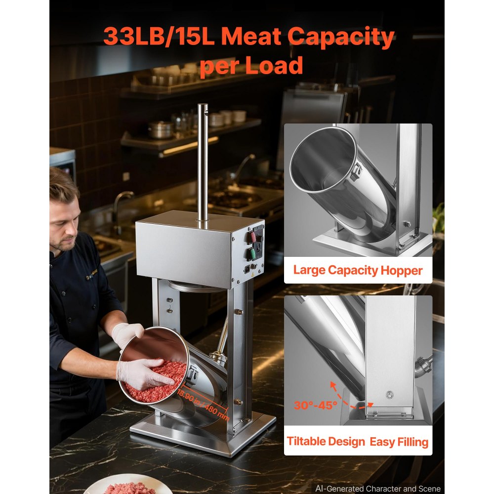 VEVOR Electric Sausage Stuffer 55 lbs Vertical Meat Maker Stainless Steel, for Commercial Use, Stepless Speed Control Meat Stuffer, Sausage Filler Kit, 4 Filling Tubes & Foot Pedal, ETL Approved