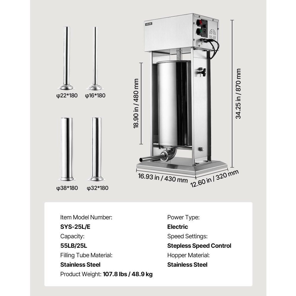VEVOR Electric Sausage Stuffer 55 lbs Vertical Meat Maker Stainless Steel, for Commercial Use, Stepless Speed Control Meat Stuffer, Sausage Filler Kit, 4 Filling Tubes & Foot Pedal, ETL Approved