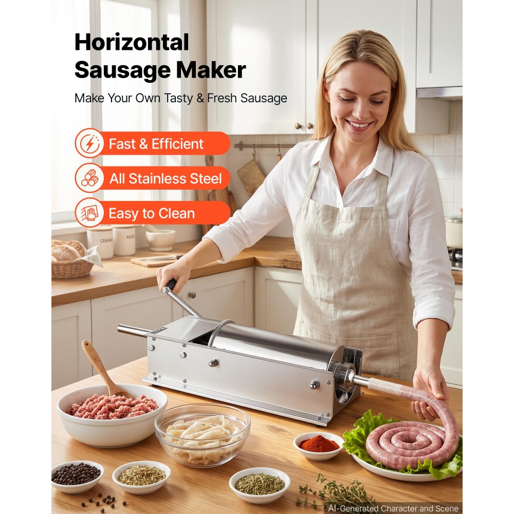 VEVOR Manual Sausage Stuffer 11 lbs/ 5L Horizontal Meat Maker Stainless Steel, for Home Camping Outdoor Grill BBQ, Dual-Speed Meat Stuffer, Professional Heavy Duty Sausage Filler Kit, 4 Filling Tubes