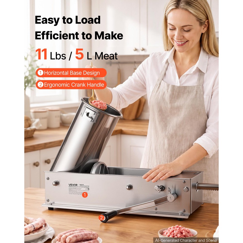 VEVOR Manual Sausage Stuffer 11 lbs/ 5L Horizontal Meat Maker Stainless Steel, for Home Camping Outdoor Grill BBQ, Dual-Speed Meat Stuffer, Professional Heavy Duty Sausage Filler Kit, 4 Filling Tubes